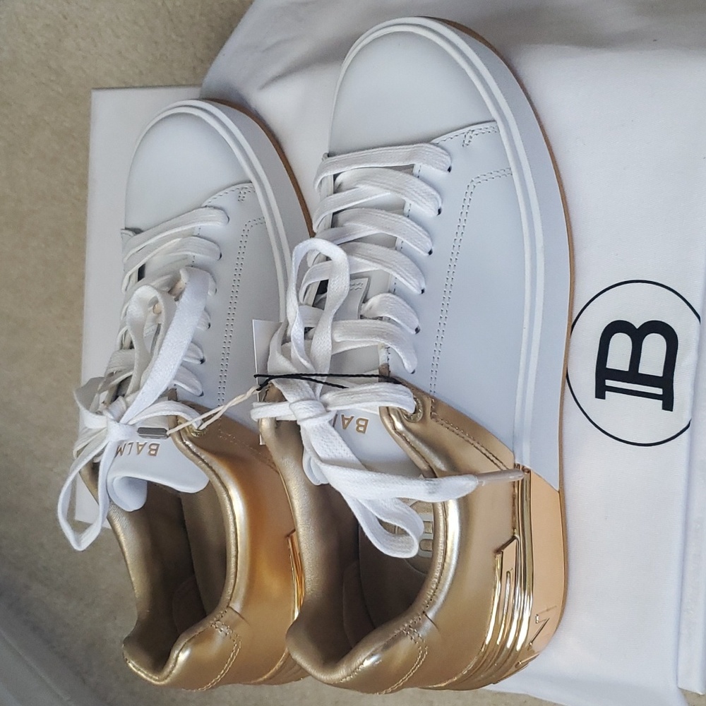 New NIB Balmain Women's B Court Leather Metallic Gold Sneakers 36 6